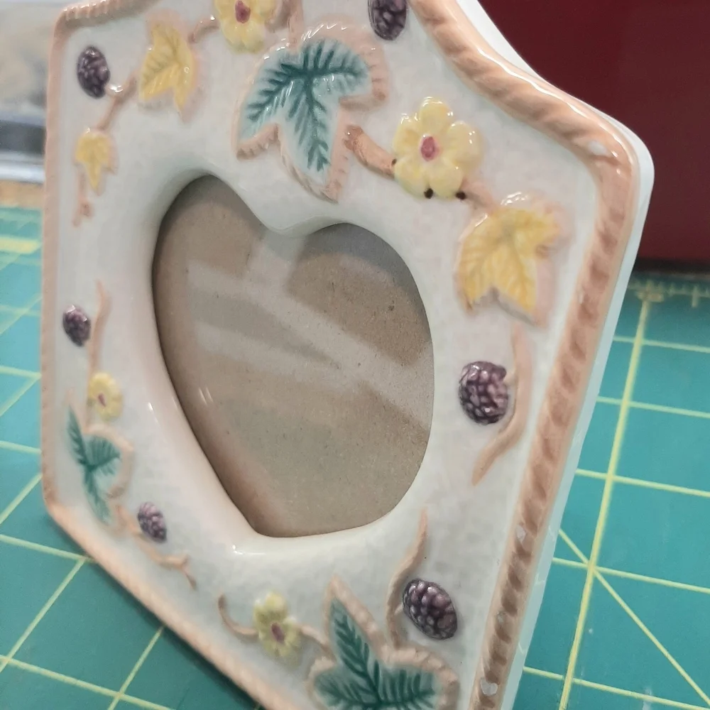 Cream and Green Heart Picture Frame with Floral Accents